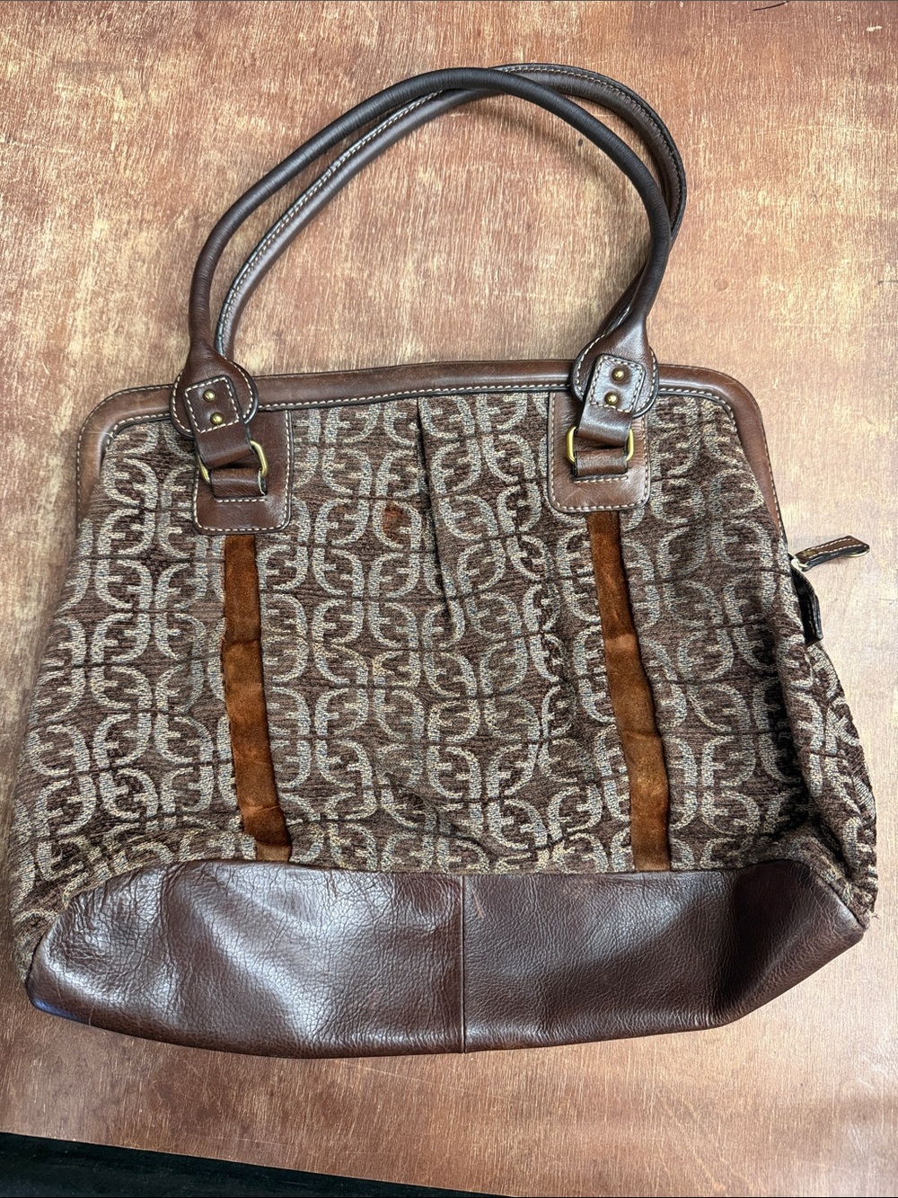 Fossil Brown Patterned Canvas & Leather Shoulder Bag
